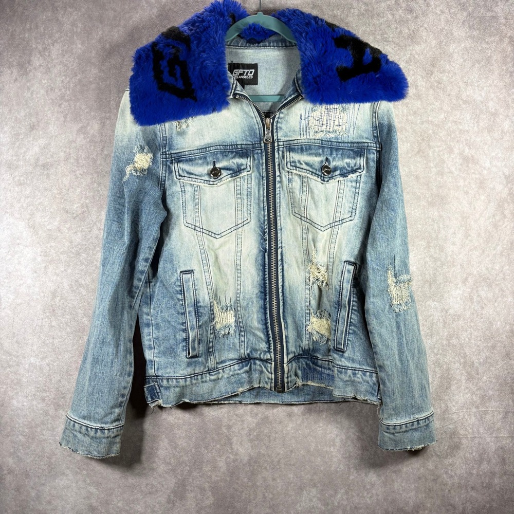 GFTD Denim Jacket Women L Blue Distressed Faux Fur‎ Collar Streetwear Edgy Moto